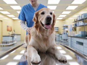 Golden retriever at vet's.